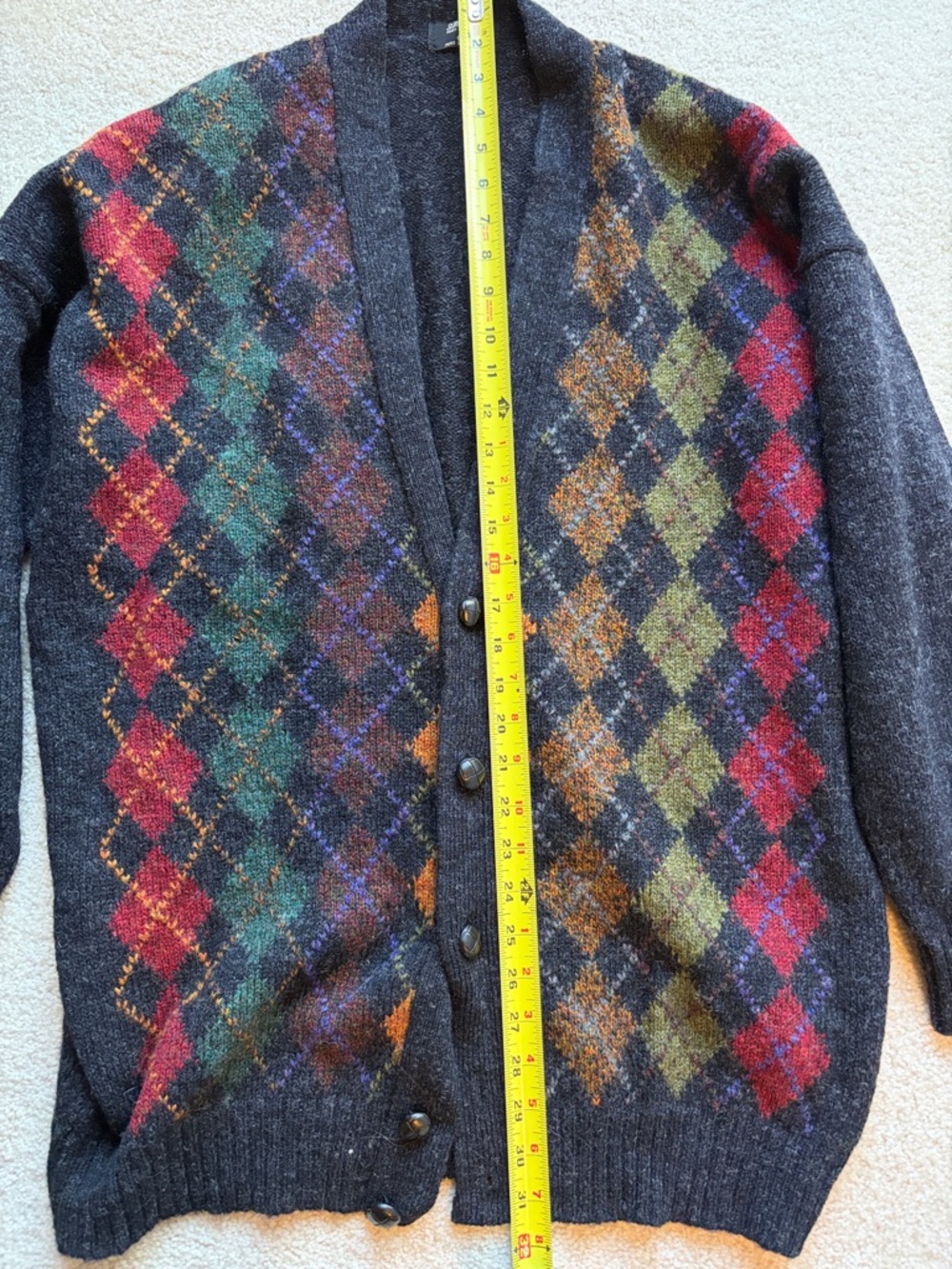Vintage 90s Men's St. Michael Argyle Button-Front Cardigan Sweater 100% wool - Picture 5 of 7